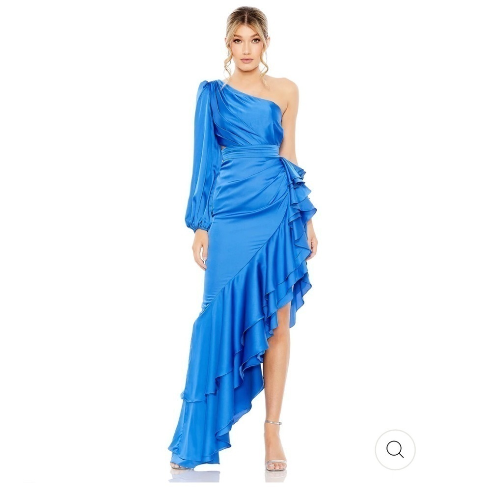 Mac Duggal ONE SLEEVE CUT OUT ASYMMETRICAL RUFFLED GOWN Dress